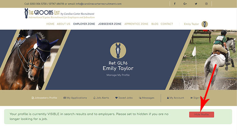 The Grooms List How-To Guide for Jobseekers - Hide your profile